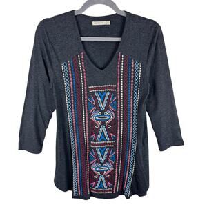 Caite Gray 3/4 Sleeve Colorful Embroidered V- Neck Knit Pullover Blouse Aztec S